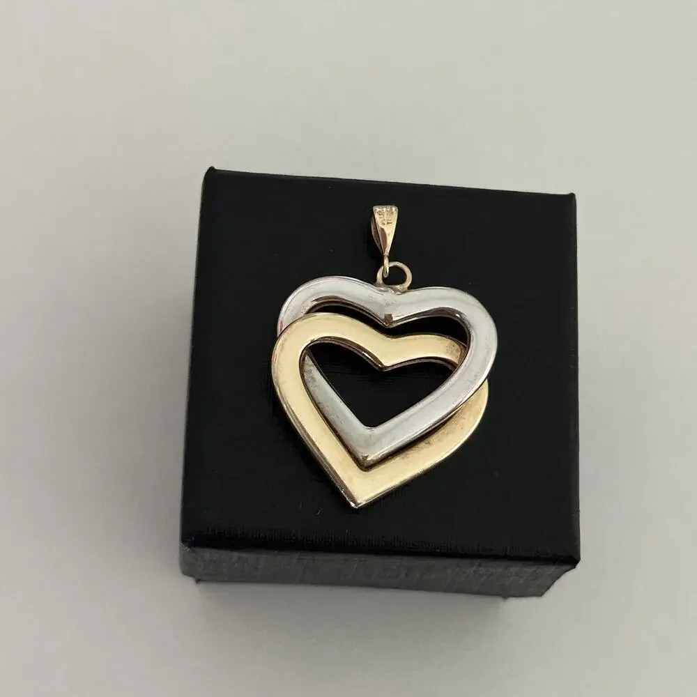 14K Yellow & White Gold Two Tone Double Interlocking Hearts Pendant